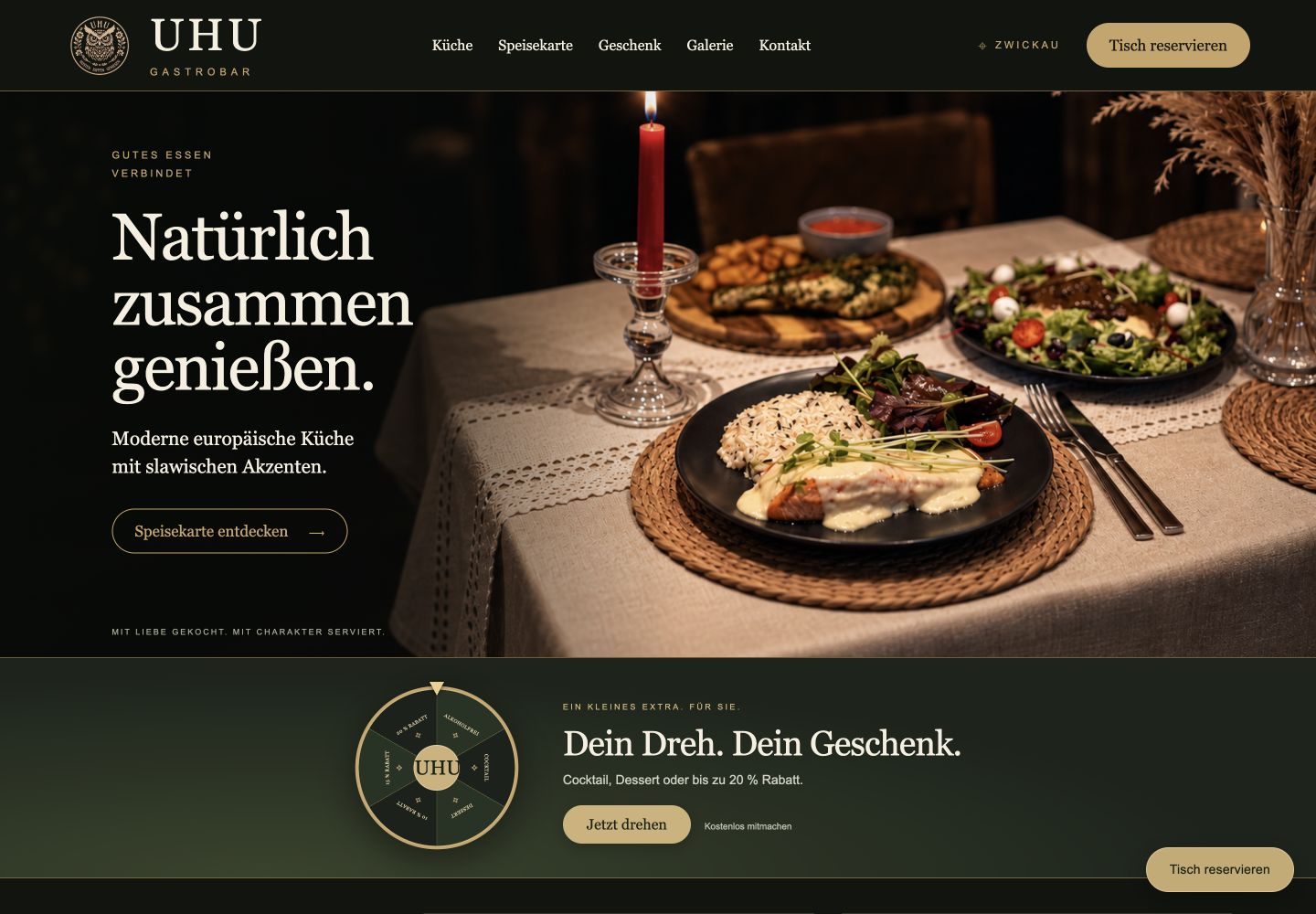 Сайт UHU Gastrobar: кухня, атмосфера ресторана и колесо подарков